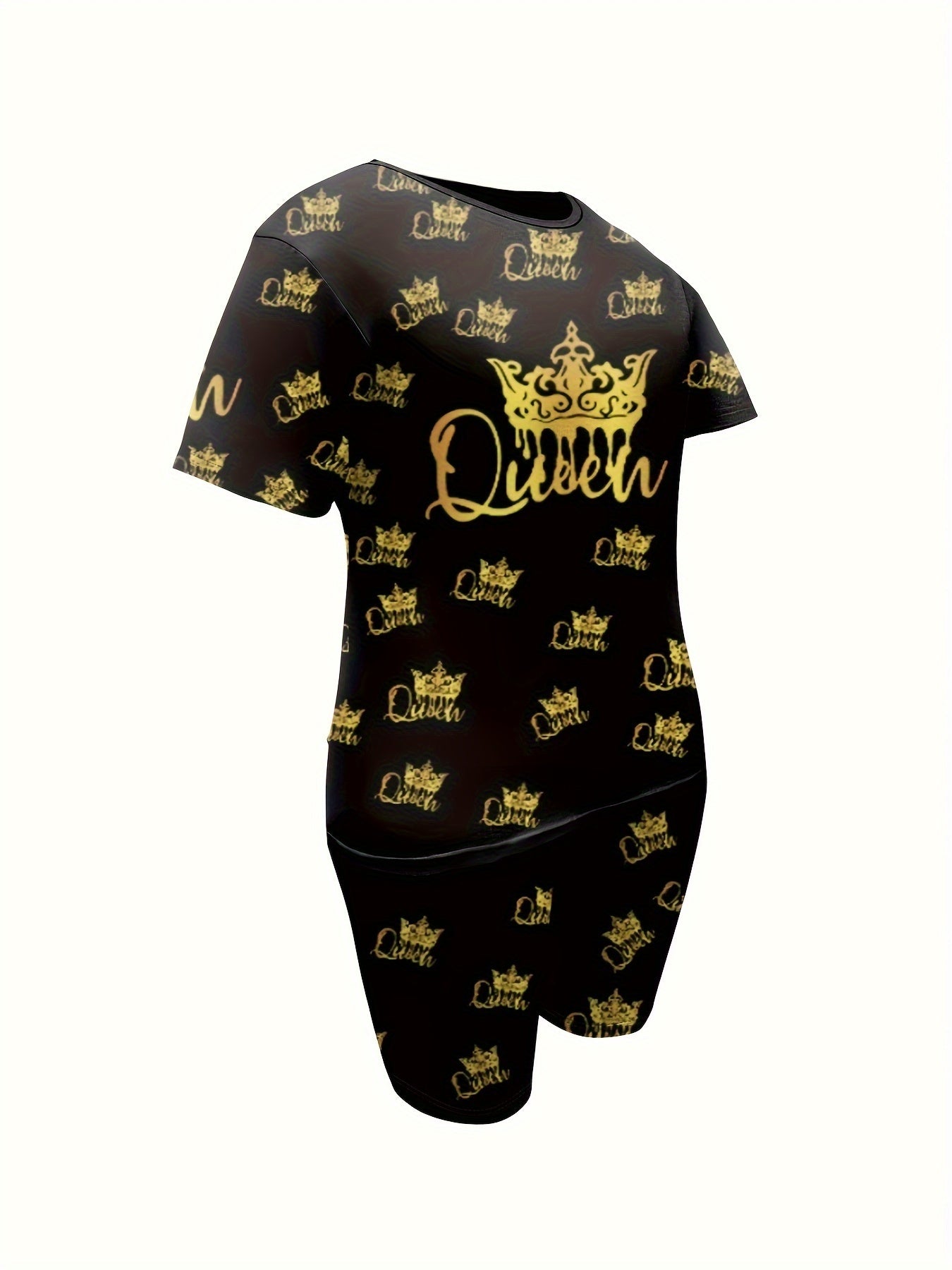 Plus Size Short Sleeve Crew Neck Women's Queen & Crown Print Biker Shorts Set
