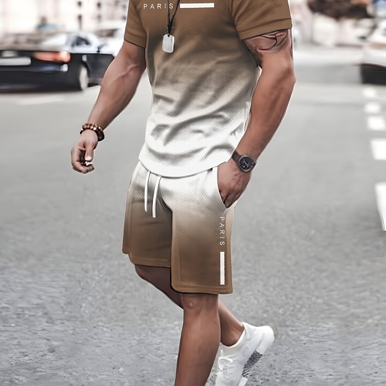 Men's Gradient Lettering Print Paris T-Shirt and Shorts Set