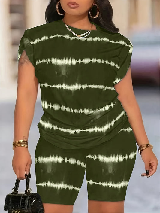 Spring/Summer Striped Crew Neck Top And Shorts Suit