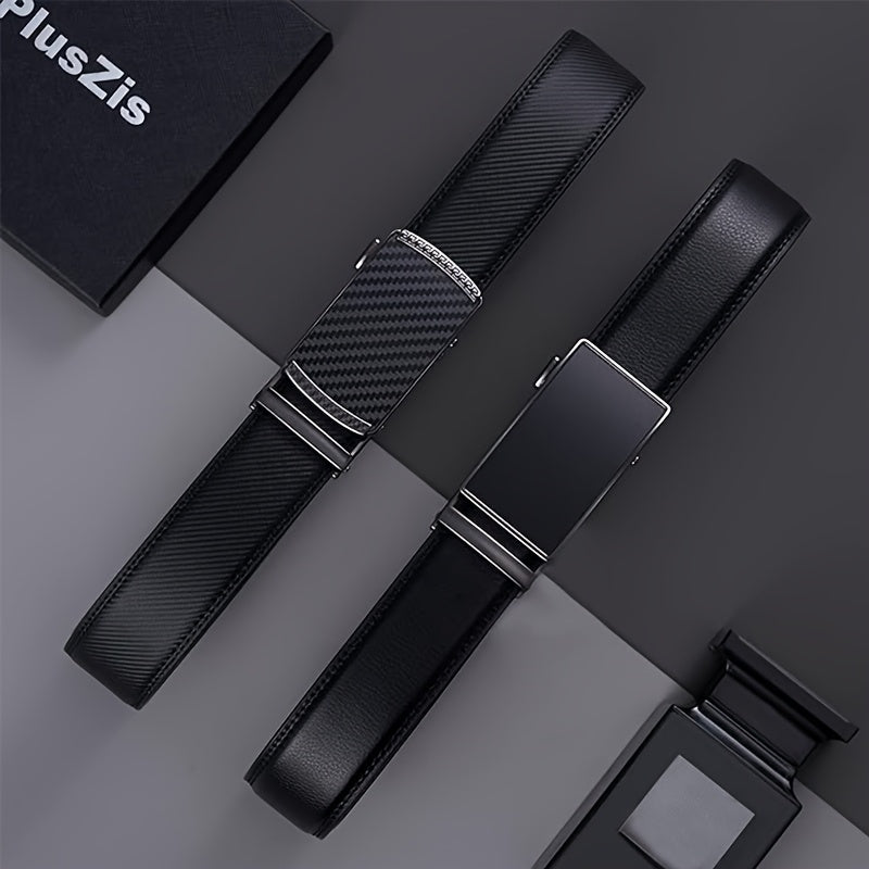 PlusZis Men's Big and Tall Leather Belt 28 to 68 Inches Automatic Ratchet Buckle Black Dress Belt