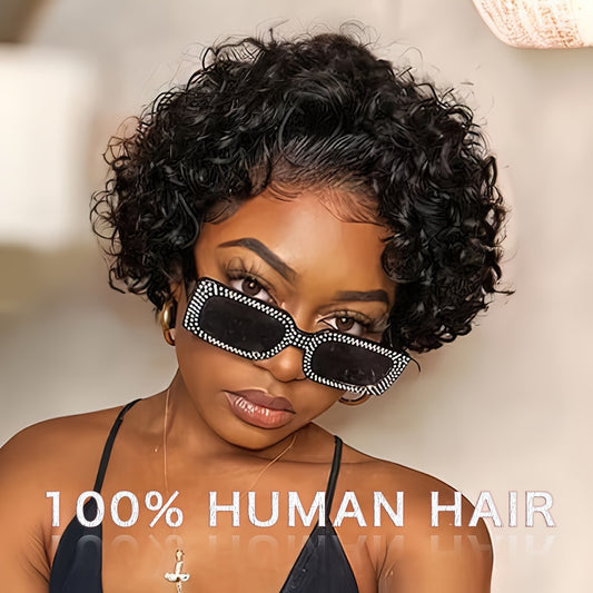 6 Inch Short Curly Lace Wig Pixie Wigs Human Hair 180 Percent Density Pixie Cut Transparent HD Lace Front Wigs Human Hair 13X1 Short Curly Wave Wigs Glueless Pre Plucked Hairline Natural Color