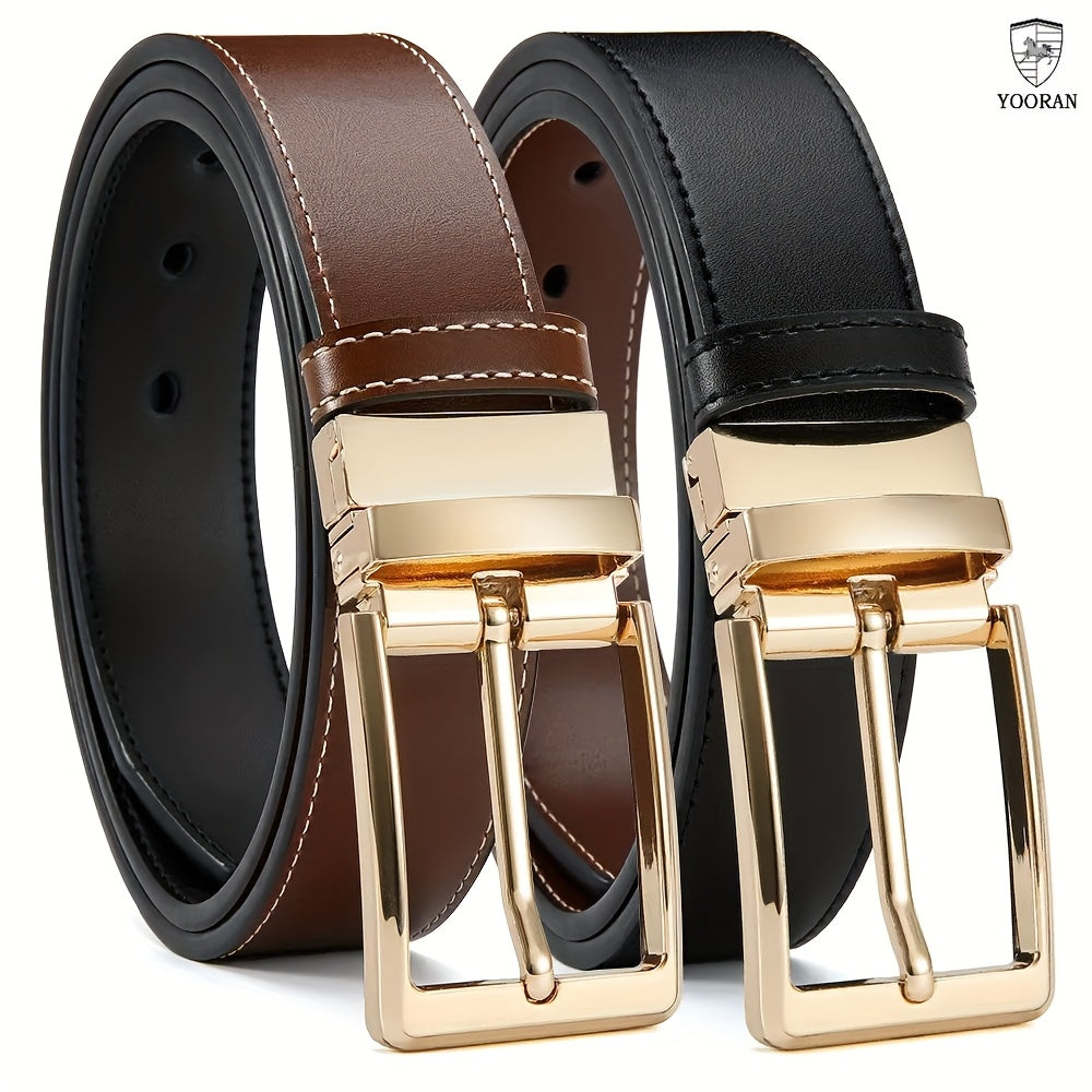 Yooran Men's Double-Sided Leather Belt with Swivel Pin Buckle 138 Inch Dress Belt Two Styles in One Black and Brown Plus Size Friendly Durable Stitching and Metal Construction for Formal and Casual Wear