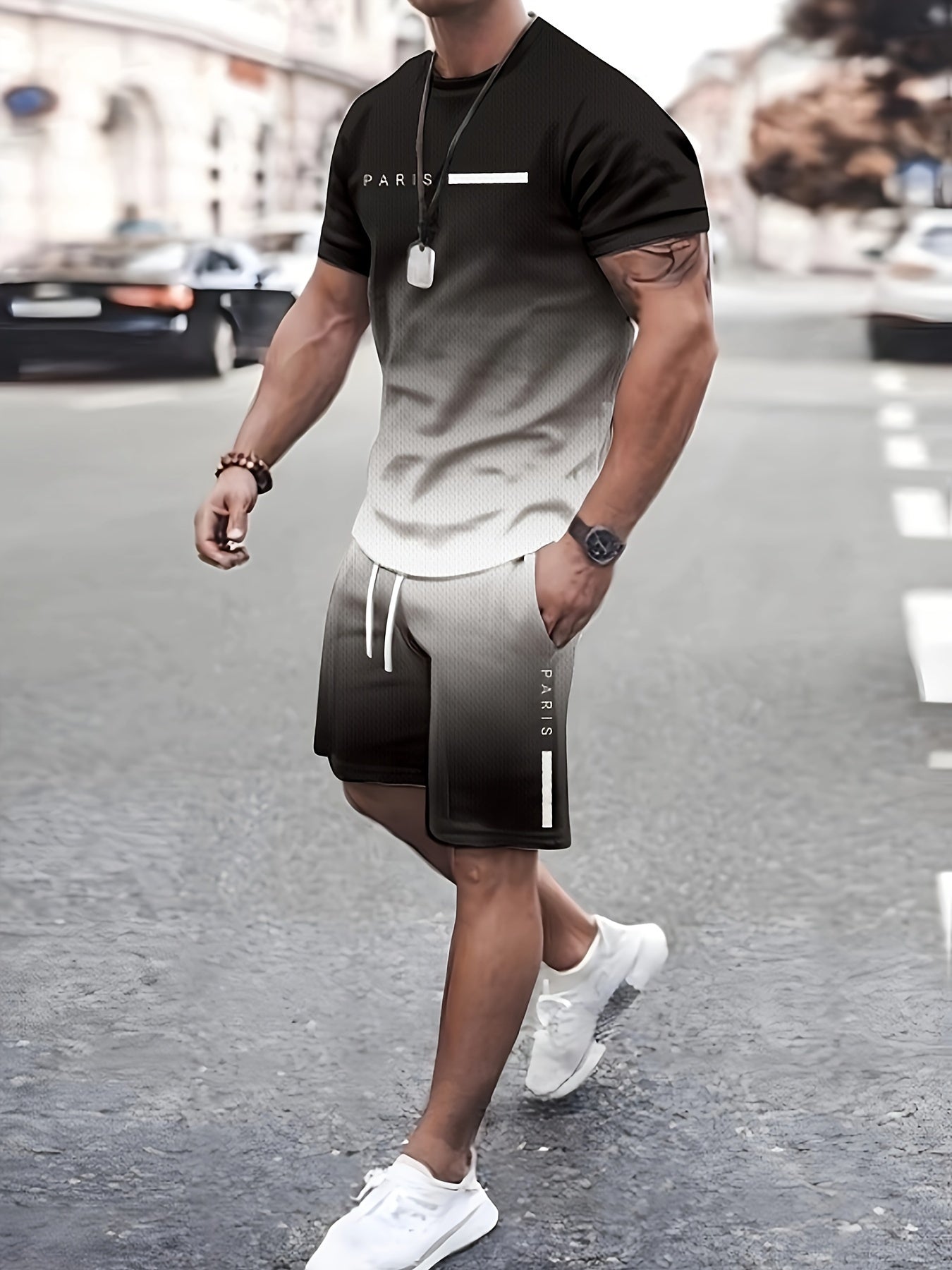 Men's Gradient Lettering Print Paris T-Shirt and Shorts Set