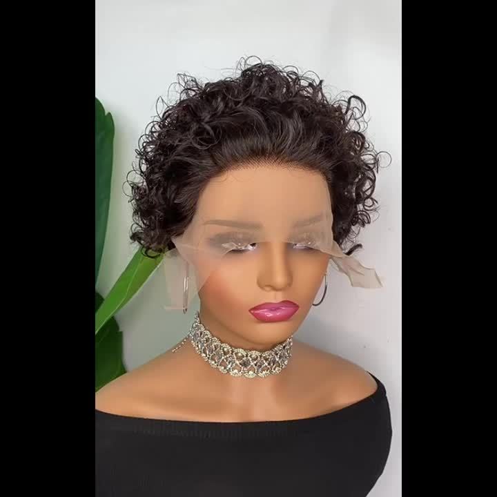 6 Inch Short Curly Lace Wig Pixie Wigs Human Hair 180 Percent Density Pixie Cut Transparent HD Lace Front Wigs Human Hair 13X1 Short Curly Wave Wigs Glueless Pre Plucked Hairline Natural Color