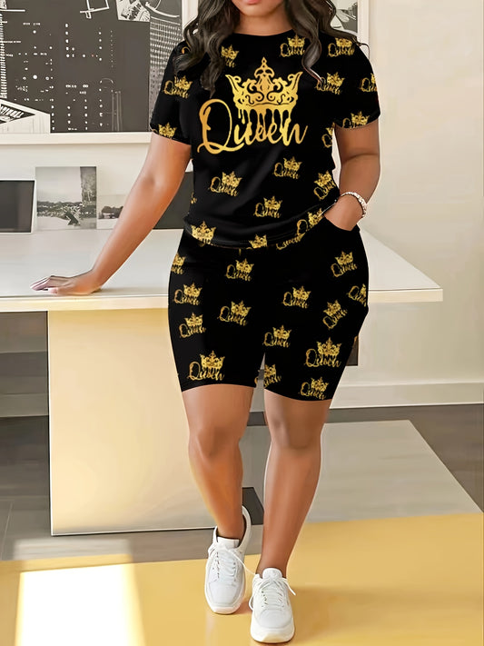 Plus Size Short Sleeve Crew Neck Women's Queen & Crown Print Biker Shorts Set