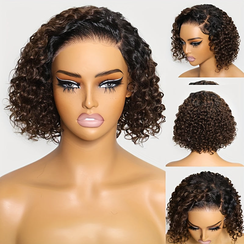 KLAIYI Ombre Brown Curly Bob Wig Glueless Human Hair Pre Plucked 7x5 Lace Front Easy Put On Dark Roots Side Part Balayage 12 Inch 150 Density Beginner Friendly Natural Look